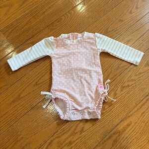 RuffleButts Pink Polka Dot Long Sleeve Rash Guard One-Piece Swimsuit 6-12M